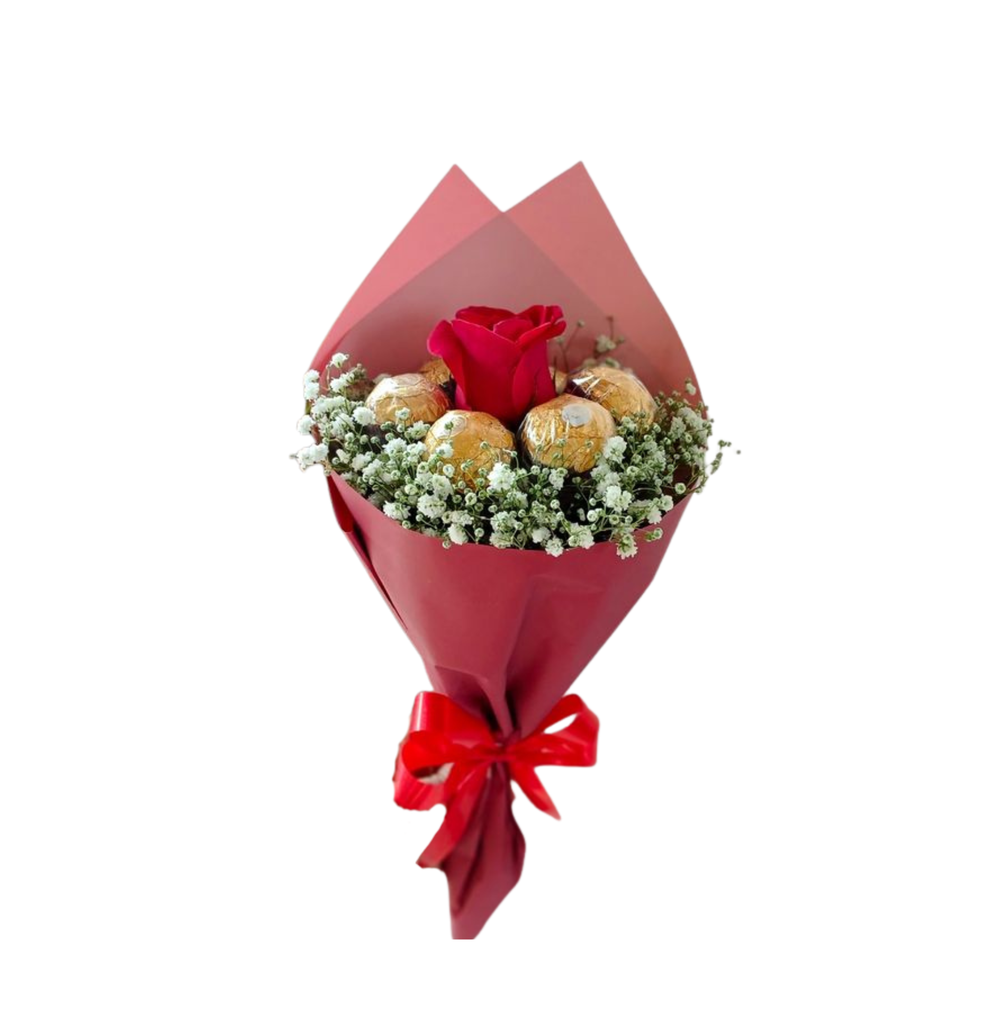single rose bouquet with chocolate